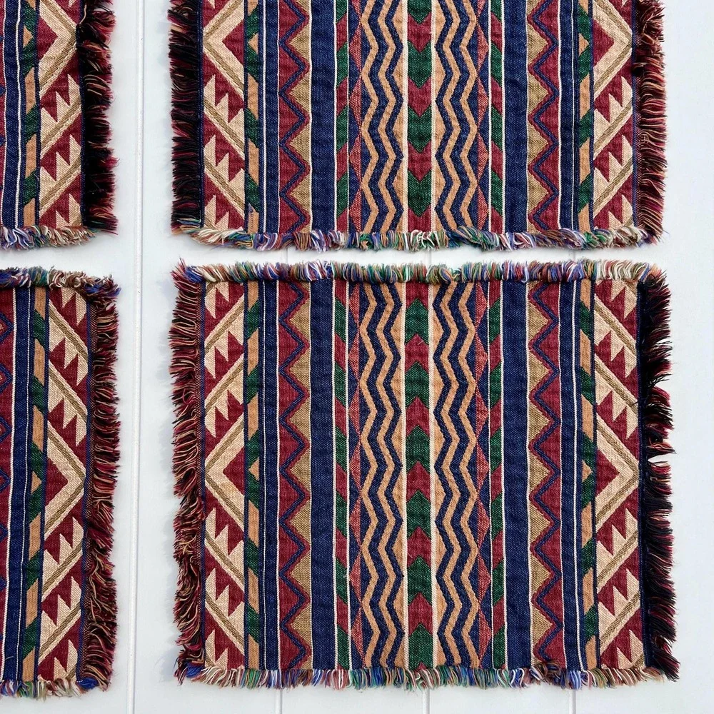 Vintage Southwestern Geometric Fabric Fringe Placemats | Set of 6